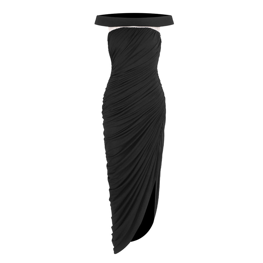 Sexy off the Shoulder Side Slit Draping Effect Pleated Slim Fit Dinner Birthday Party Dress DestGlow