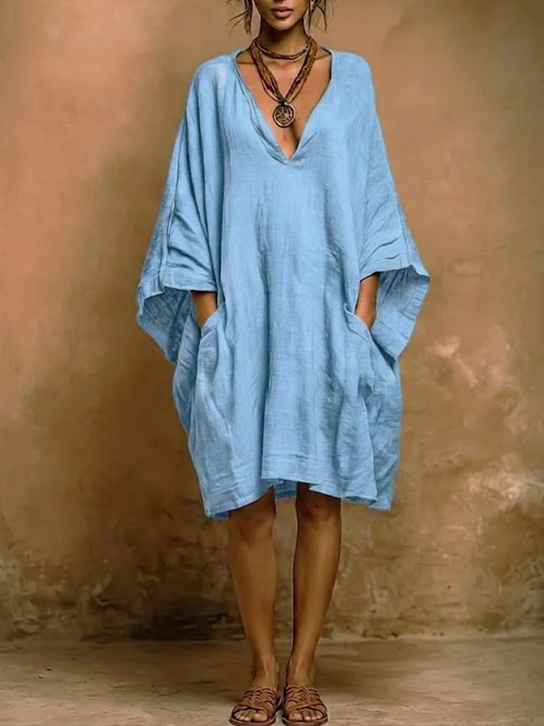 Loose Large V neck Pocket Batwing Sleeve Solid Color Midi Dress DestGlow