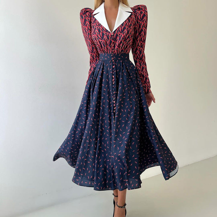 Contrast Color Design Collared Long Sleeve A line Women Waist Controlled Printed Large Swing Dress by Ragazza