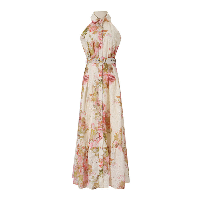 Retro French Floral Print Maxi Dress Summer Sleeveless Collared Waist Tight Single Breasted Dress Women by Ragazza