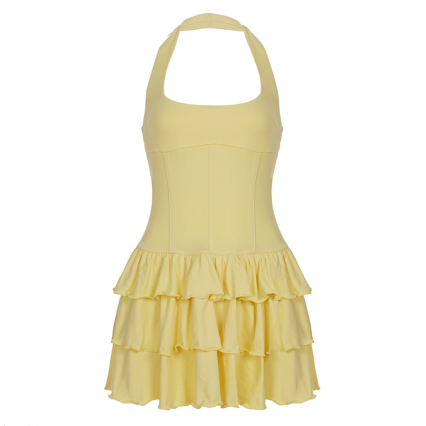 Built Basic Solid Color U Collar Halter Pleated Tiered Skirt Sexy Backless Dress Short Dress by Ragazza