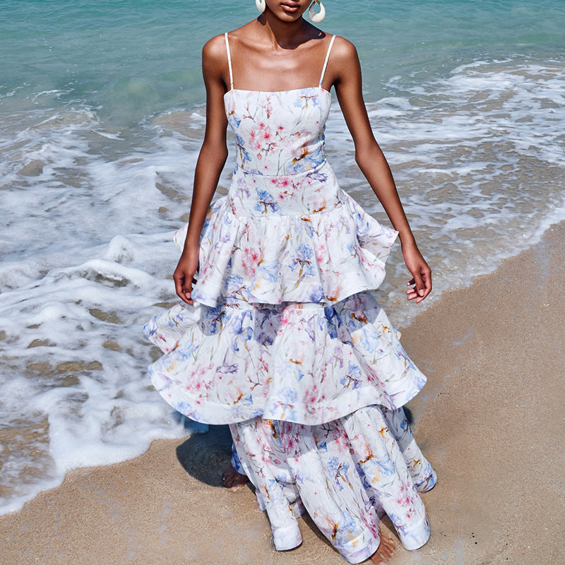 Seaside Vacation Floral Dress Autumn Winter Printed Painted Belt Waist Tight Slimming Women Wear Dress by Ragazza
