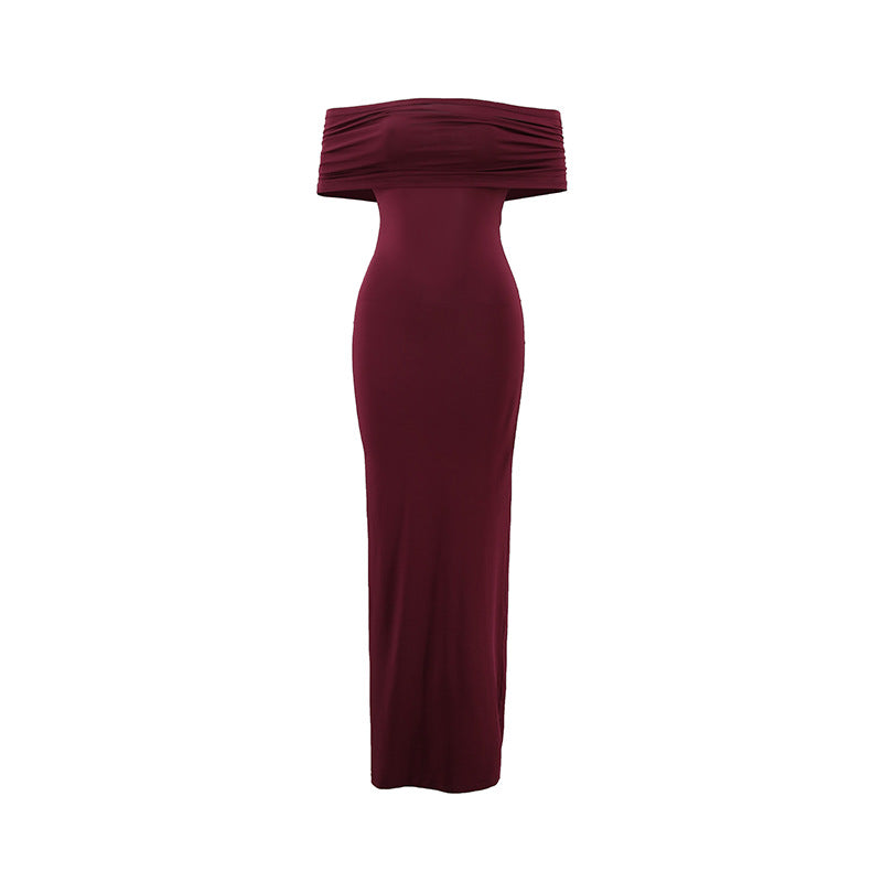 Women Clothing Summer Sexy off Shoulder Backless Bag Hip Pleated Solid Color Dress by Ragazza