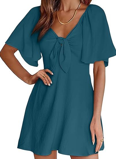Women Clothing Shein V Neck Bow Lace Up Short Sleeve Mini Dress by Ragazza