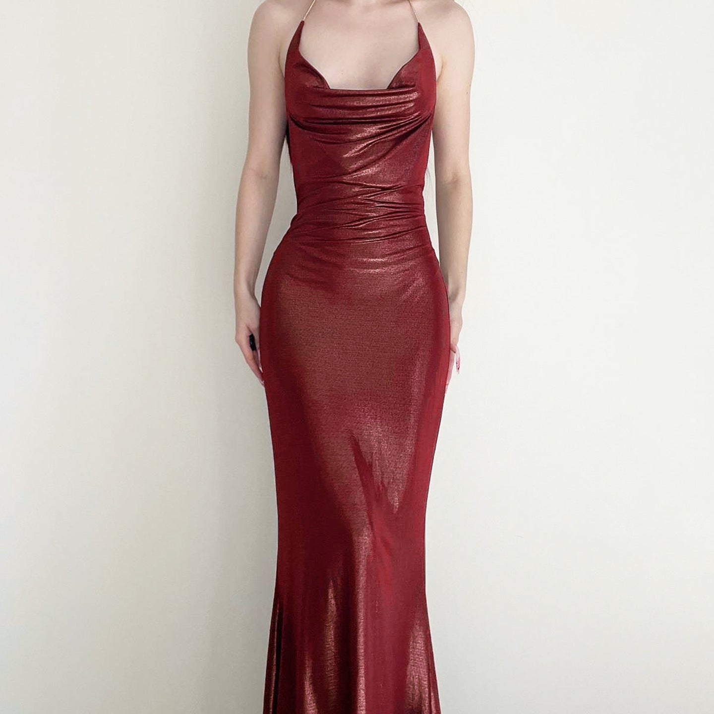 Sexy Elegant Retro Halter Sheath Dress Thin Flash Pleated Backless Solid Color Swing Collar Dress by Ragazza