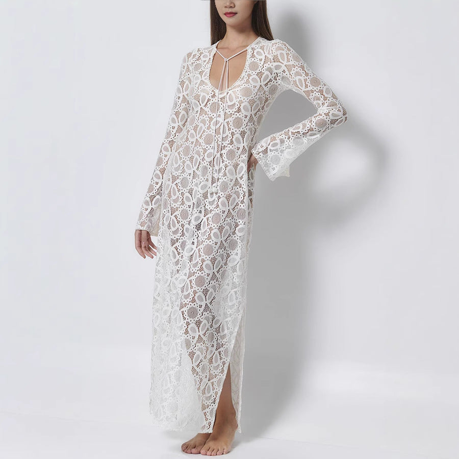 Spring Summer Long Sleeve See through Lace up Dress Loose Vacation Split Dress by Ragazza