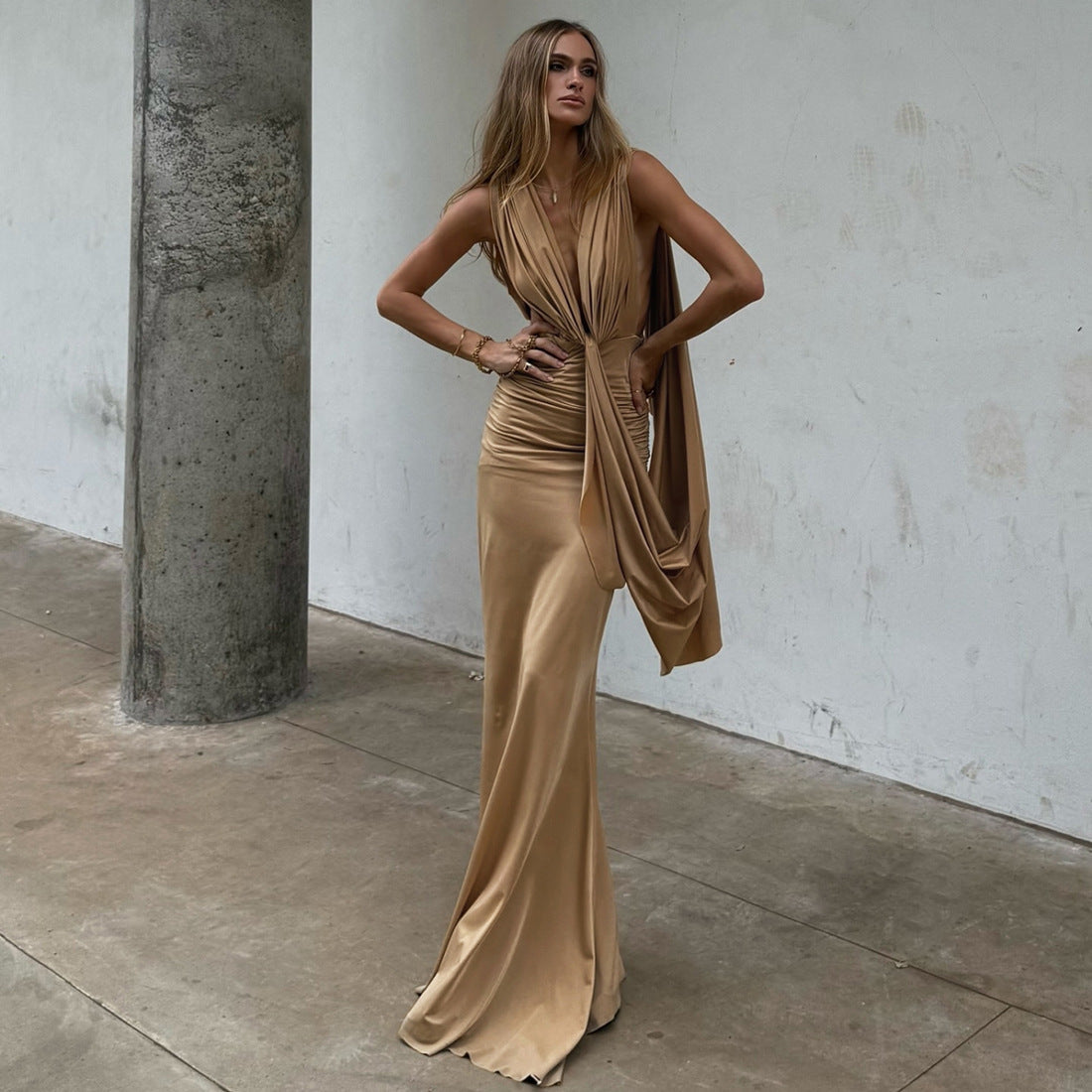 Autumn Winter Women Ribbon Pleated Deep V Plunge neck Sexy Slim Fit Backless Sheath Dress by Ragazza