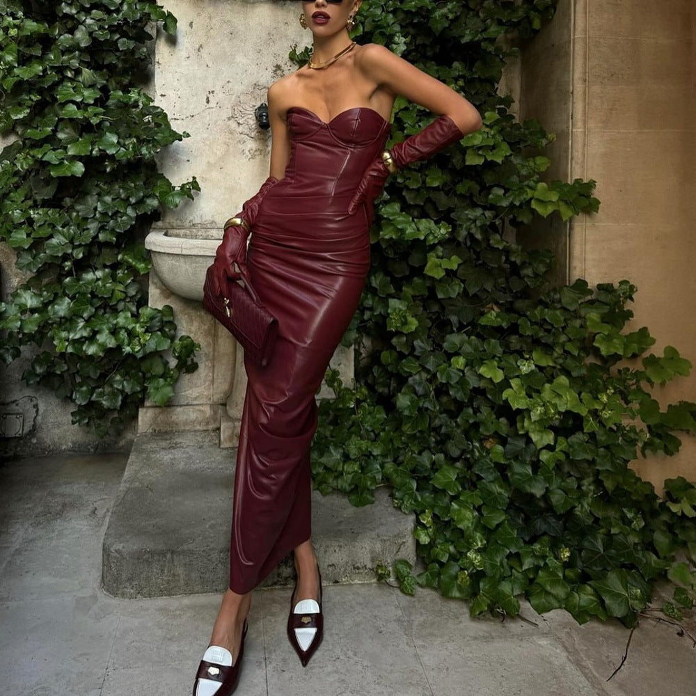 Women Clothing Elegant Faux Leather Sexy Tube Top Strap Fold Split Dress by Ragazza