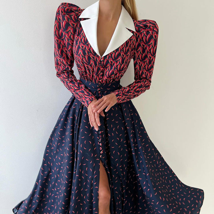 Contrast Color Design Collared Long Sleeve A line Women Waist Controlled Printed Large Swing Dress by Ragazza