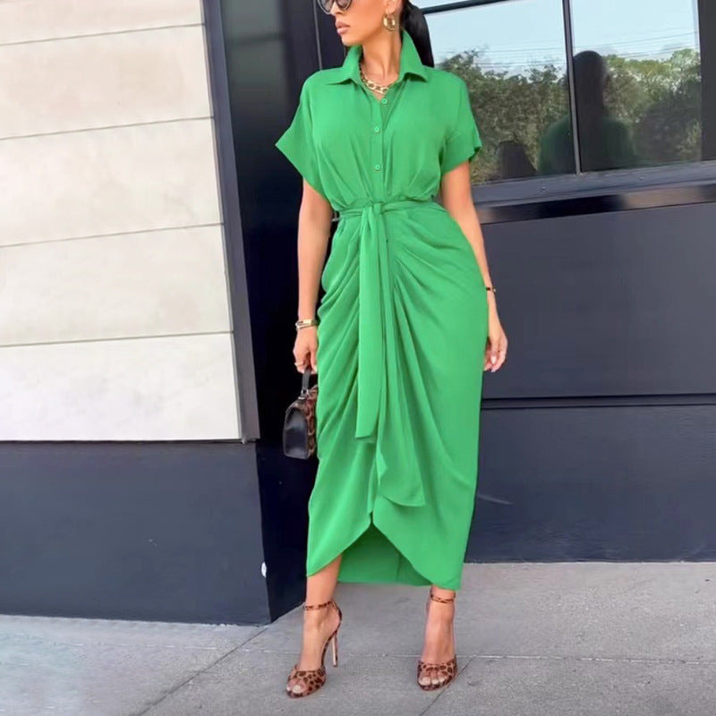 Women Clothing Dress Arrival Collared Elegant Mid Length Short Sleeve Single Breasted High Waist Shirt Dress by Ragazza