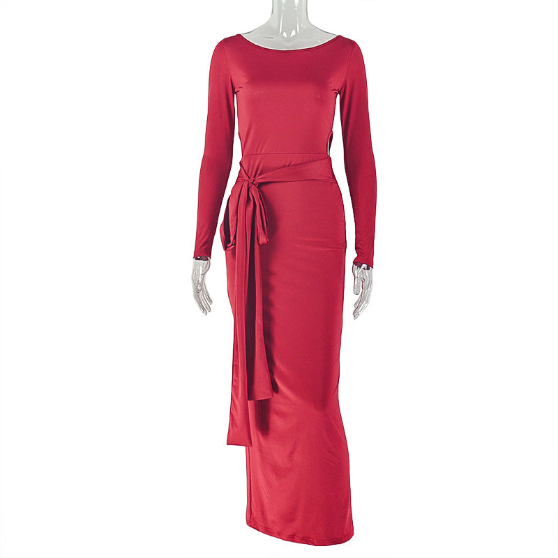 Arrival Lace up Slimming Pleated round Neck Dress Solid Color Tight Long Sleeve Tight Waist Hip Dress by Ragazza