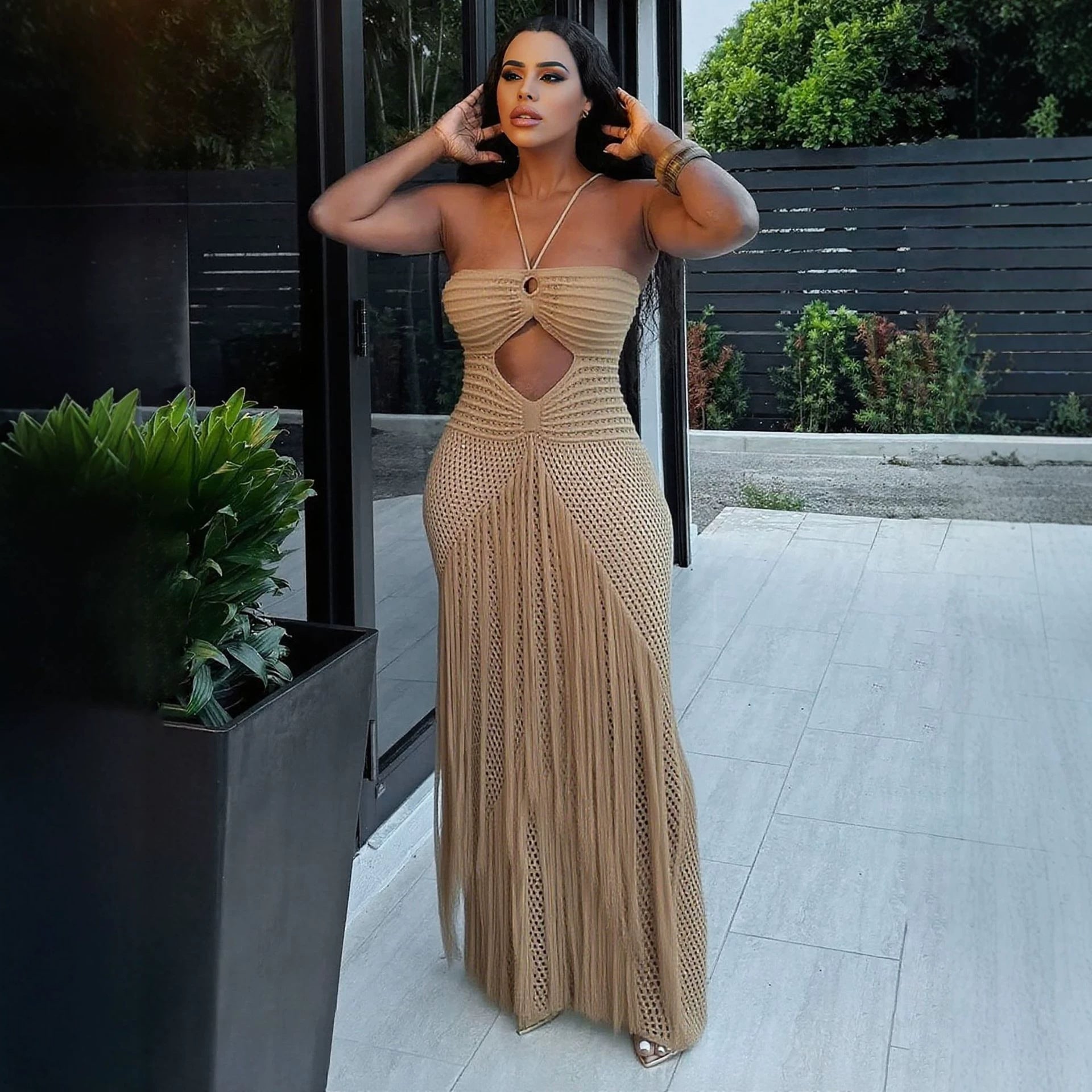 Hollow Out Cutout Bikini Cover Sexy Waist Drawstring Tassel Knitted Beach Dress for Women DestGlow