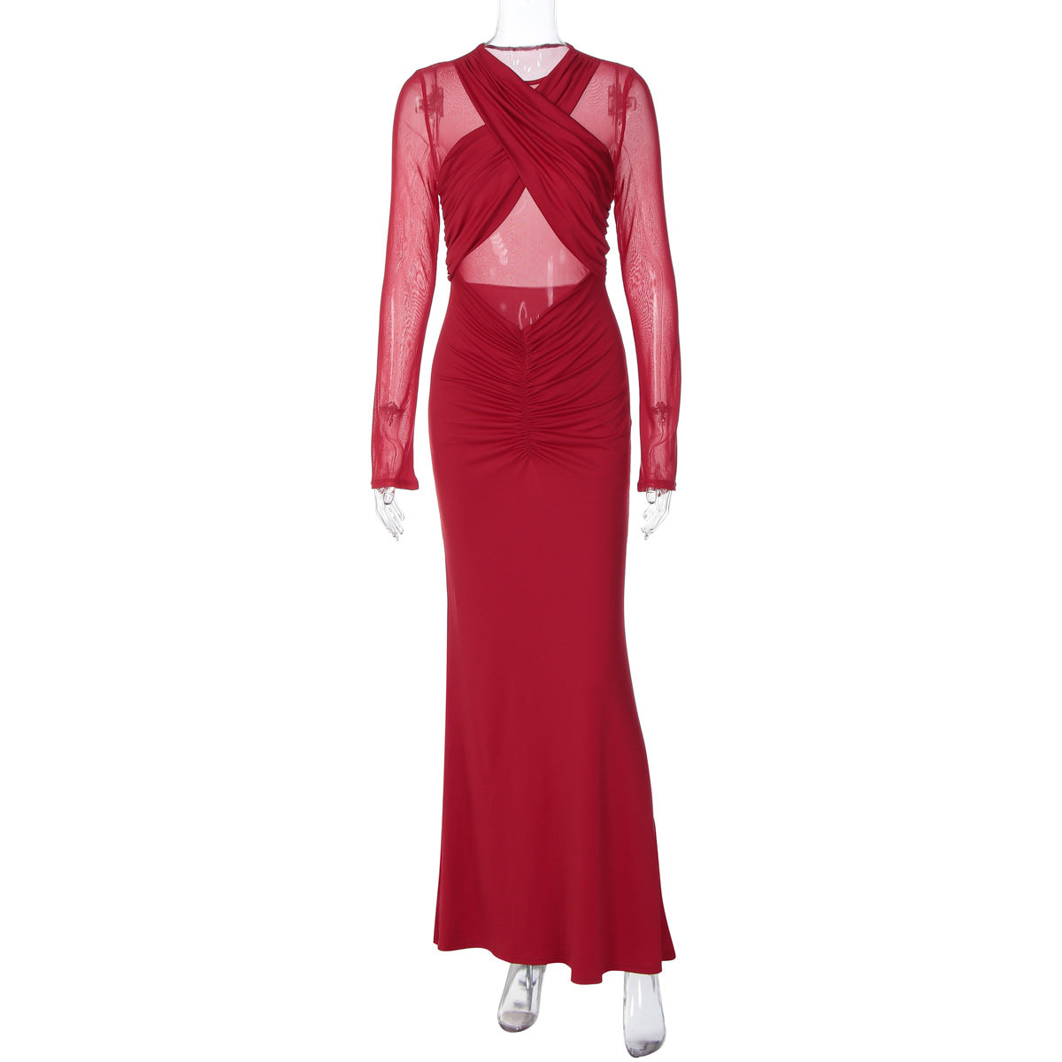 Women Clothing Winter Long Sleeve Solid Color Sexy Mesh Hollow Out Cutout Pleated Slim Dress by Ragazza