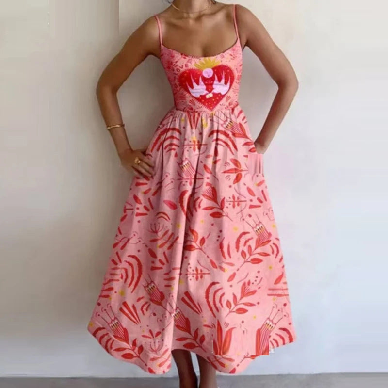 Spring Women Clothing Printing Pleated Waist Tight Large Swing Sling Dress by Ragazza