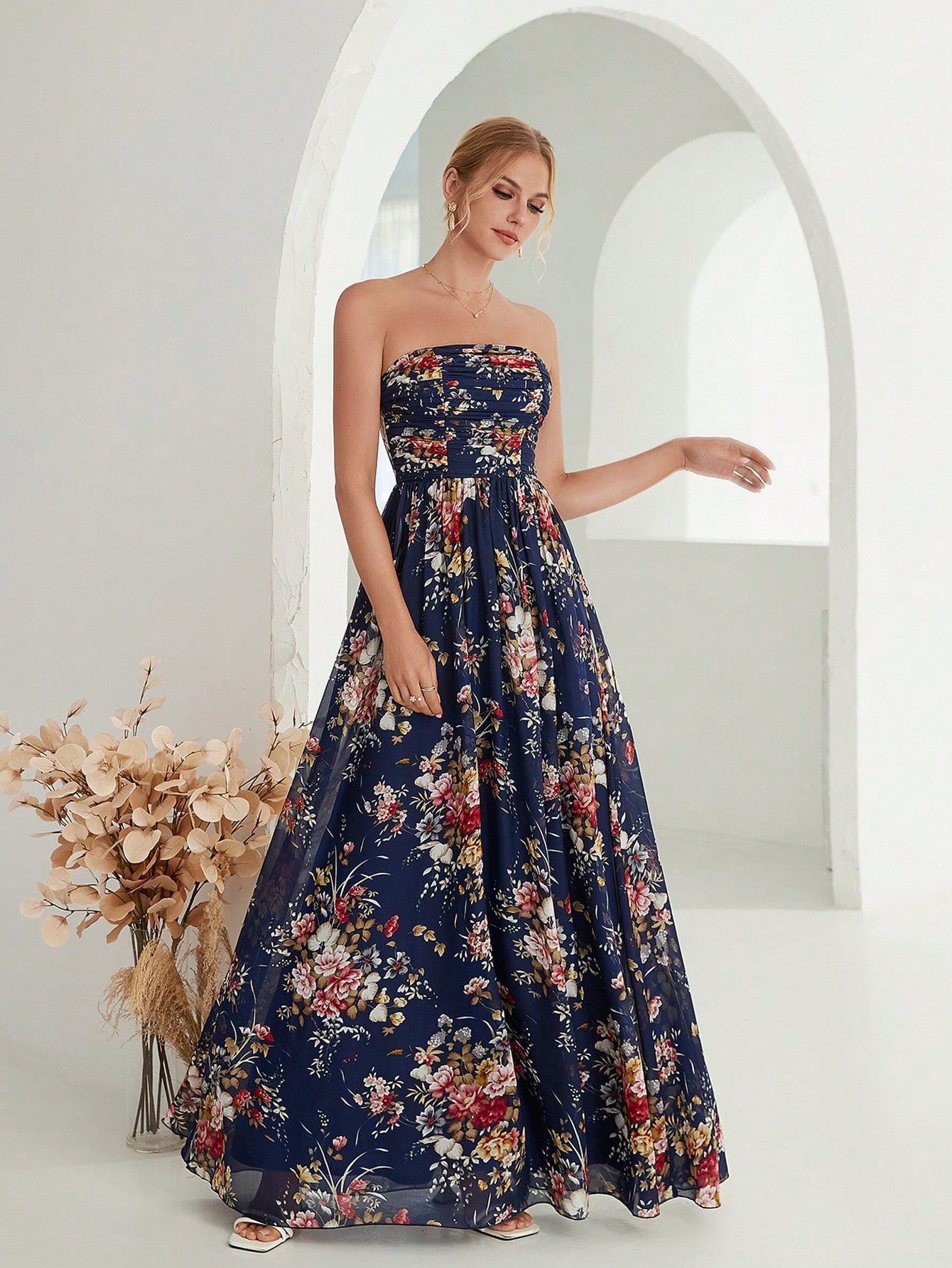 Printed Chiffon Tube Top Elegant Evening Dress Women Ball Gown Party Bridesmaid Spring Direct Supply A line Dress by Ragazza
