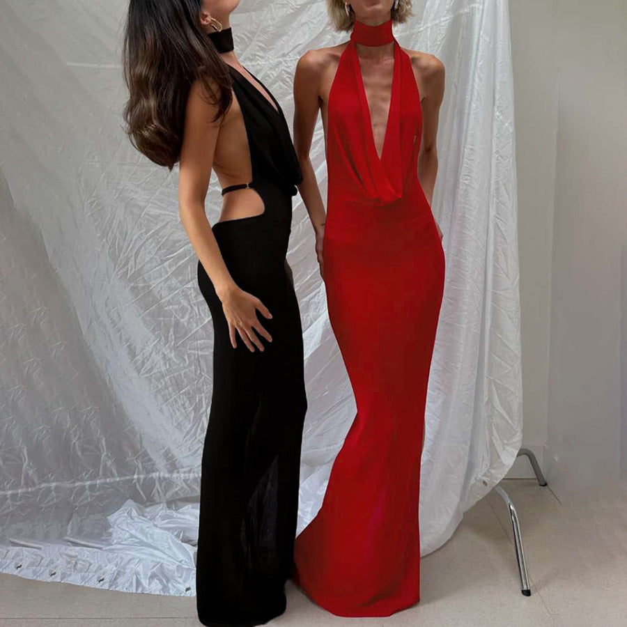 Women Clothing Autumn Winter Elegant Sexy Halter V neck Backless Side Slit Dress DestGlow