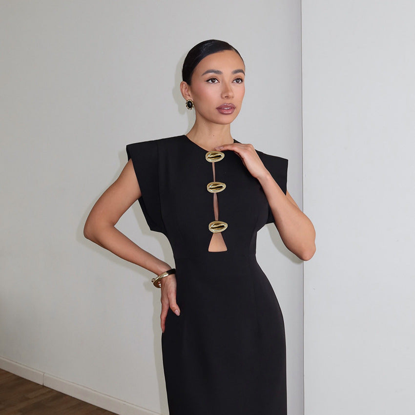 Summer Women Clothing Black Design Tight Waist Hollow Out Cutout Commuting Elegant Dress by Ragazza