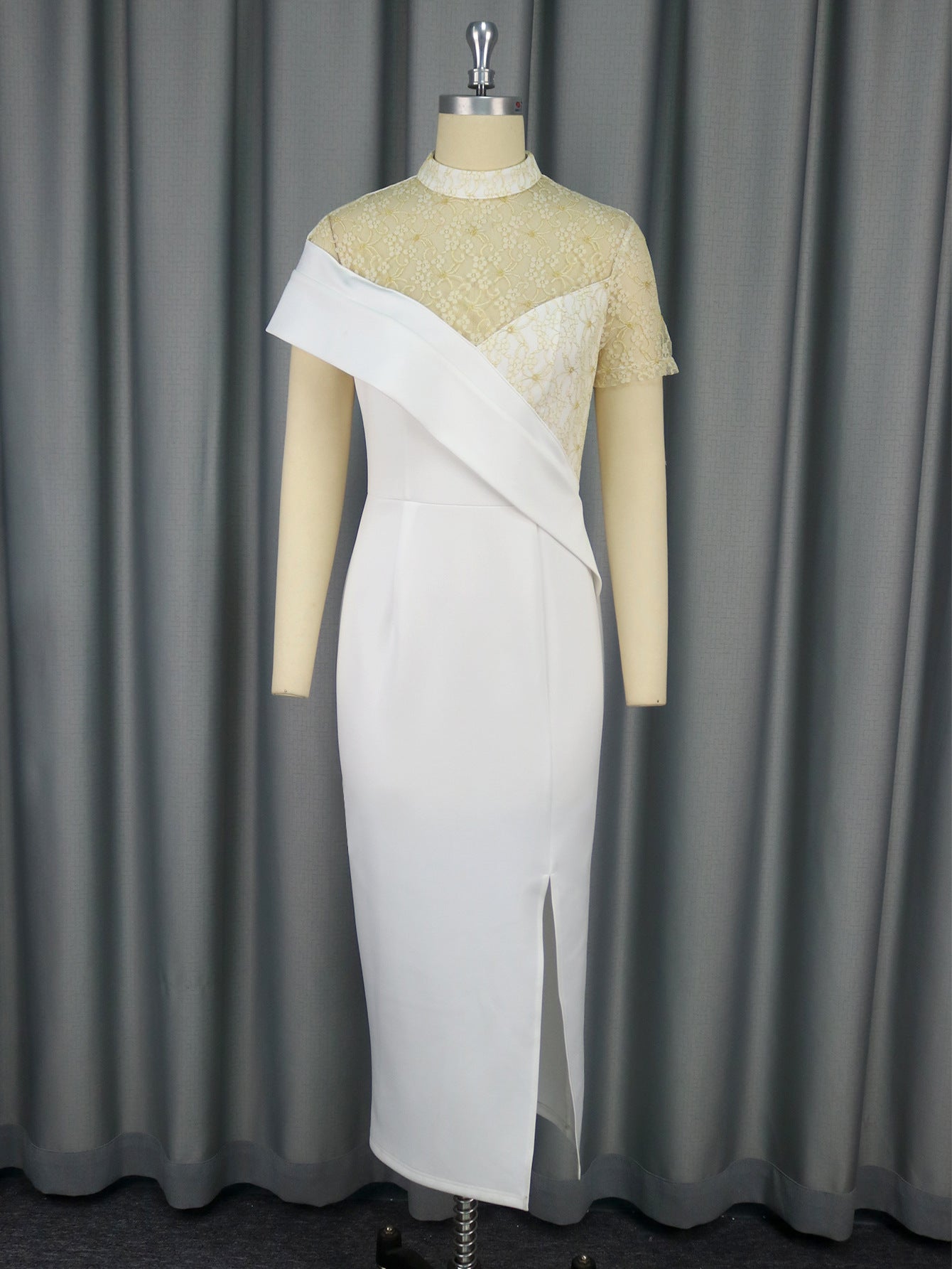 Round Neck See through Lace Short Sleeve Dress Party Wedding Bridesmaid Split Dress by Ragazza