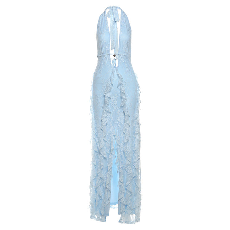 Women Clothing Summer Elegant Sexy Deep V Plunge neck Hollow Out Cutout Halter Lace up Lace Split Dress by Ragazza