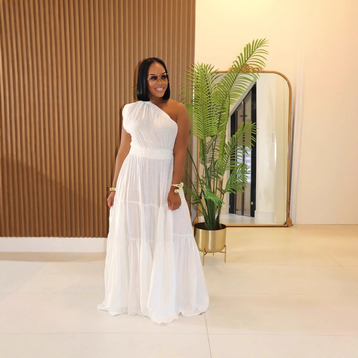 Spring Summer Linen Women Clothing Solid Color Slant Shoulder Maxi Dress