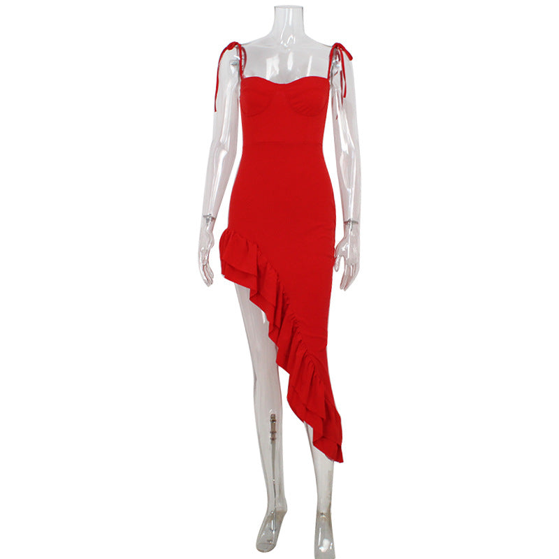 Spring Sexy Tube Top Irregular Asymmetric Dress Ruffled Socialite Sling Dress by Ragazza