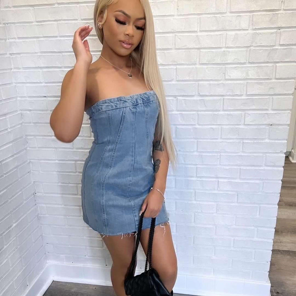 Denim Spring Summer Sexy Backless Wash Chest Wrapped Dress Women by Ragazza