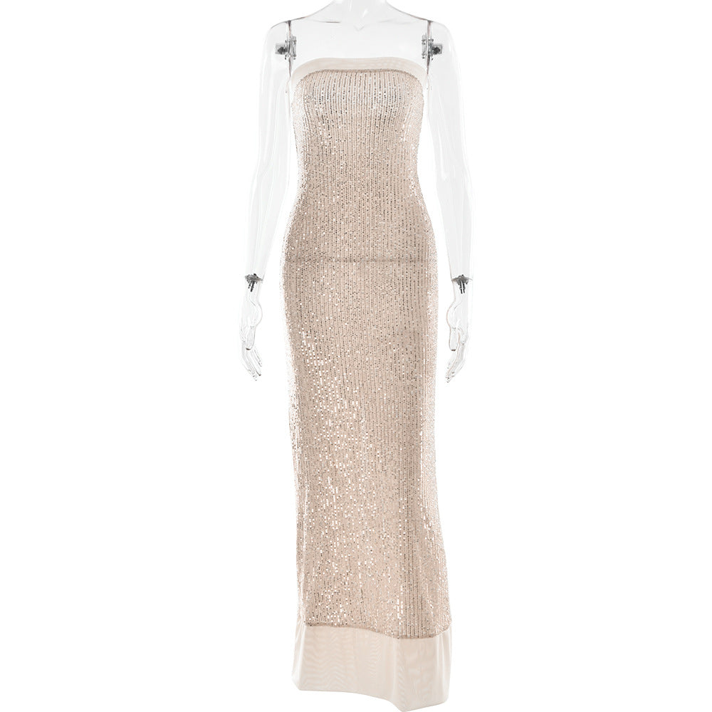 Sexy Women Clothing Evening Dress Elegant Bandeau Slim Fit Maxi Dress Sequined Split Backless Dress DestGlow