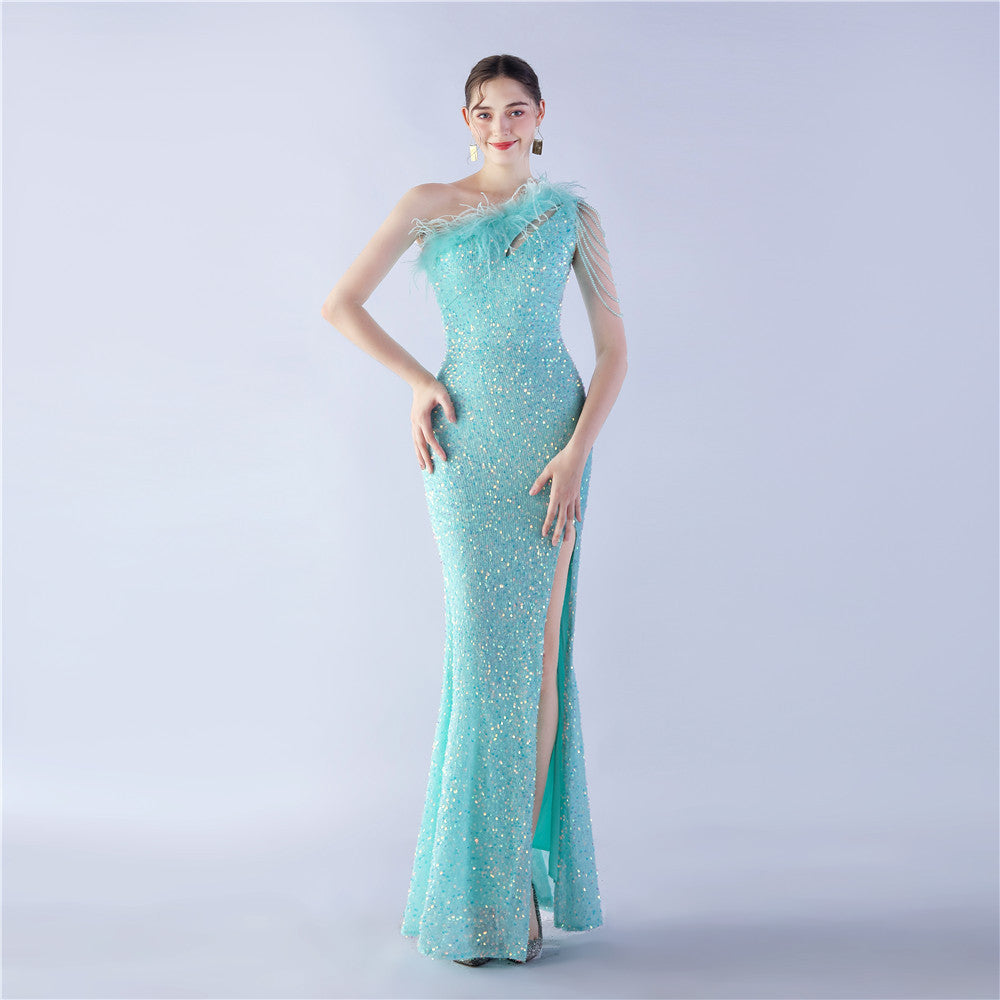 Ostrich Hair Craft Oblique Shoulder Side Slit High End Evening Dress by Ragazza