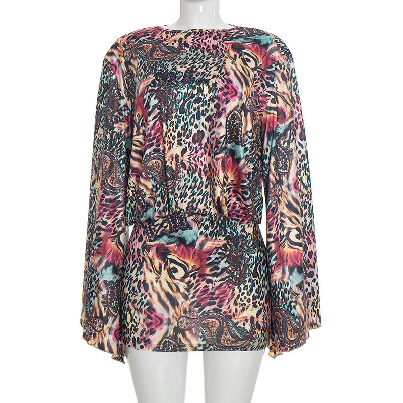 Women Clothing Autumn Winter Leopard Print Blooming Print Bare Back Flared Long Sleeve Slim Dress DestGlow