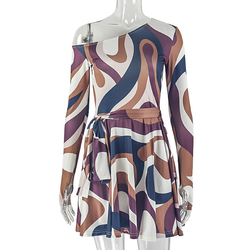 0Women Clothing Printed Elegant Light A line Dress Raglan Long Sleeve Tube Top off Neck Short Dress by Ragazza