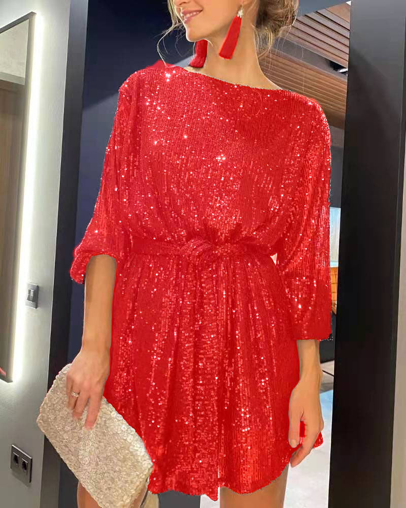Festival Party Fashionable Sequ Sequin Color Waist-Tight Dress by Ragazza