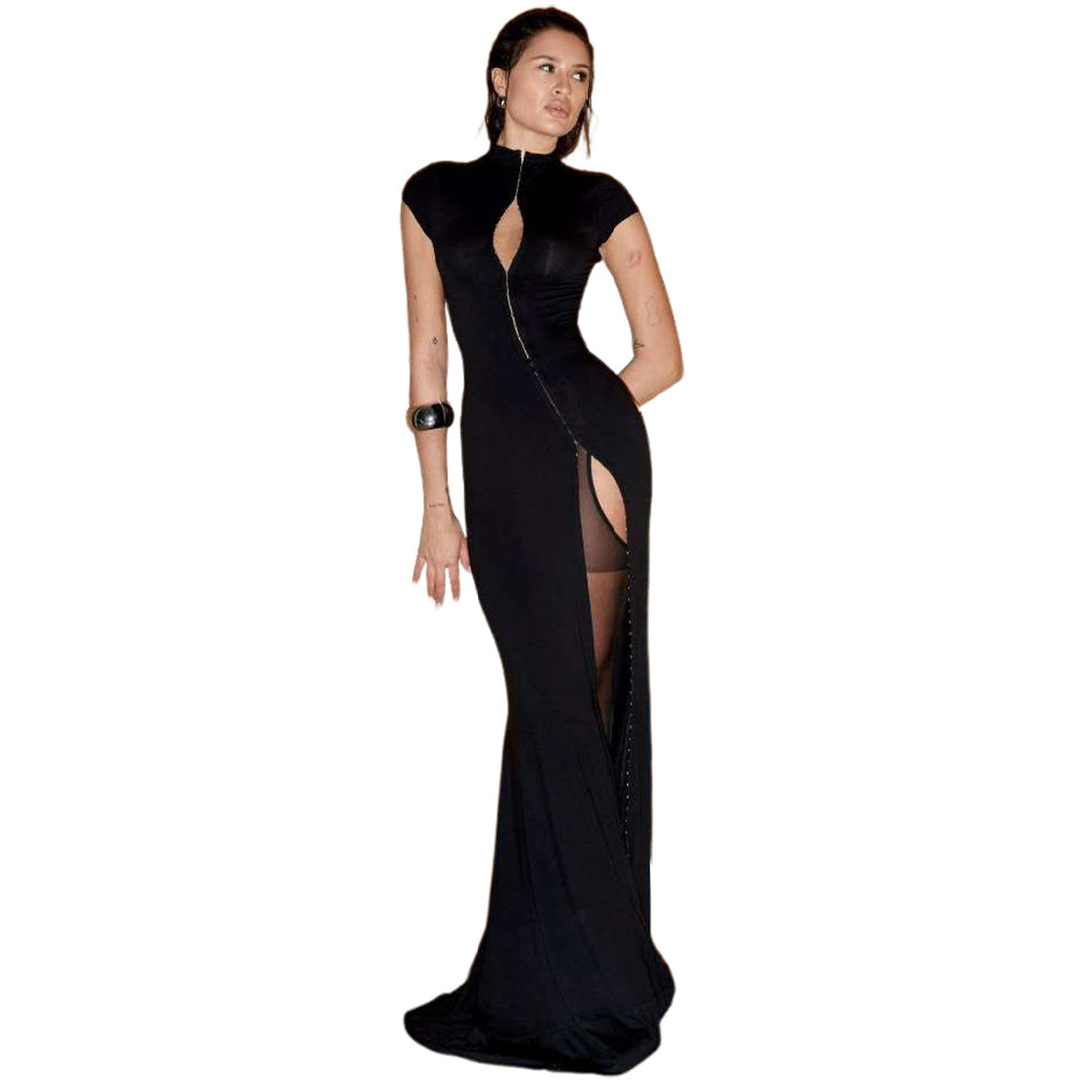 Autumn Winter Women Clothing Solid Color Stand Collar Sexy Cutout Slit Slim Fitting Short Sleeve Elegant Dress by Ragazza