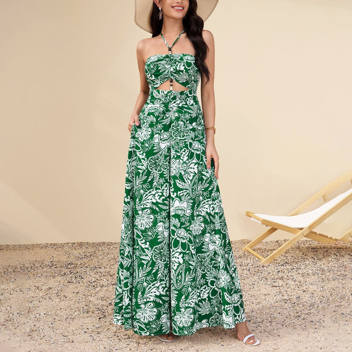 Summer Printed Halter Dress Sexy Sexy Backless Hollow Out Cutout out Cinched Vacation Maxi Dress DestGlow