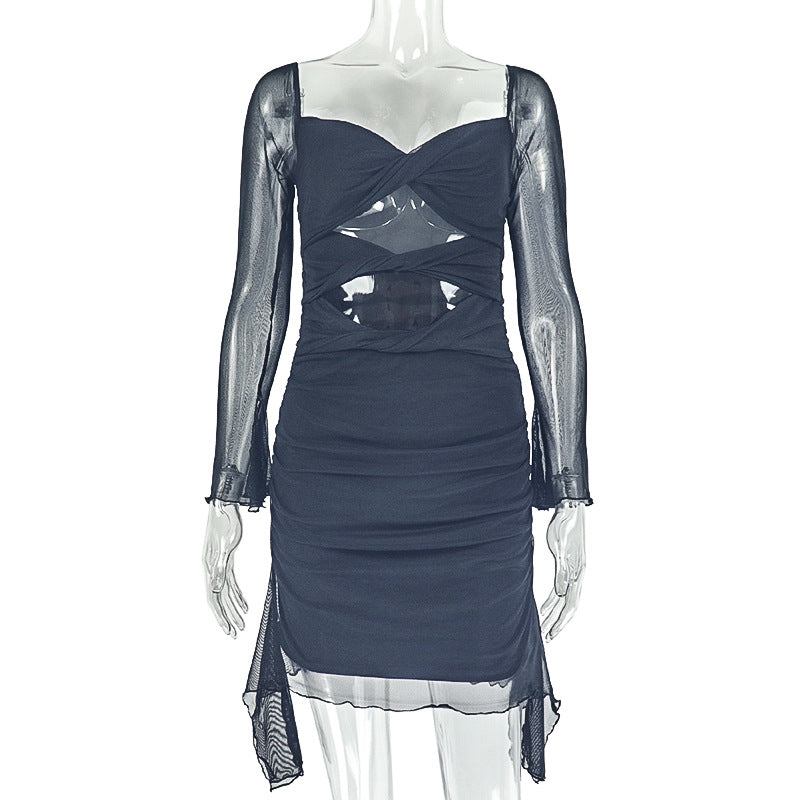 Personalized Design Women Hollow Out Cutout Pleated Hip U Neck Long Sleeved Solid Color Short Dress by Ragazza