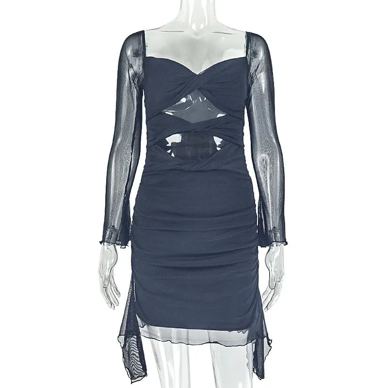 Personalized Design Women Hollow Out Cutout Pleated Hip U Neck Long Sleeved Solid Color Short Dress