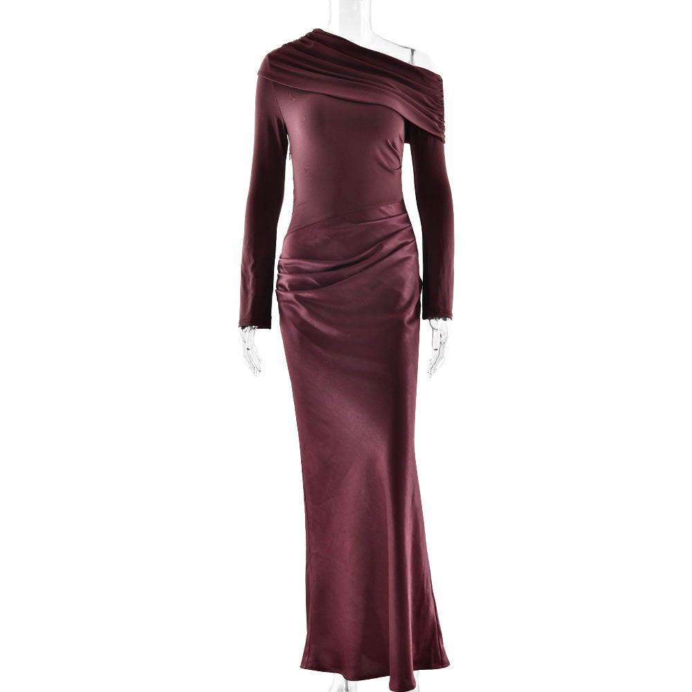 Women Clothing Mori Adult Lady like Woman Elegant Formal Dress Diagonal Collar Long Sleeve Slim Fit Sexy Fishtail Dress by Ragazza