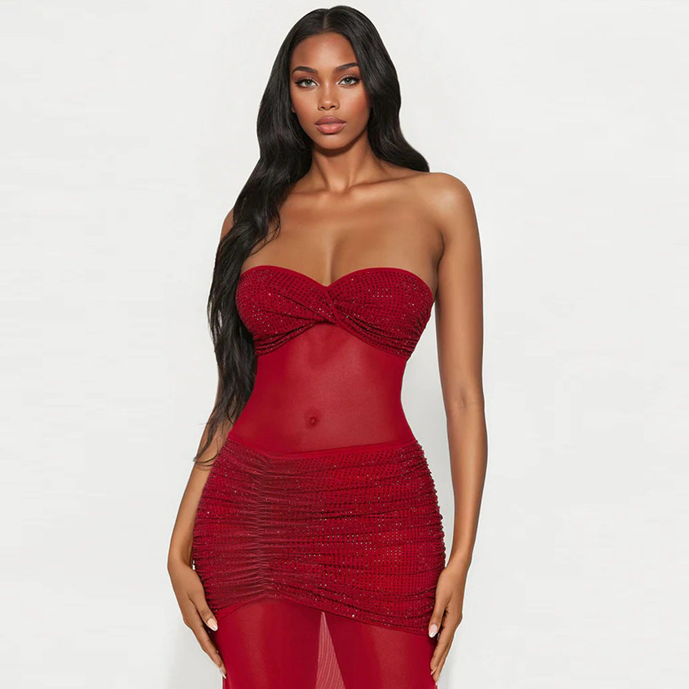 Tube Top Milk Silk Stitching Mesh Drilling Party Hip Wrapped Long Dress by Ragazza