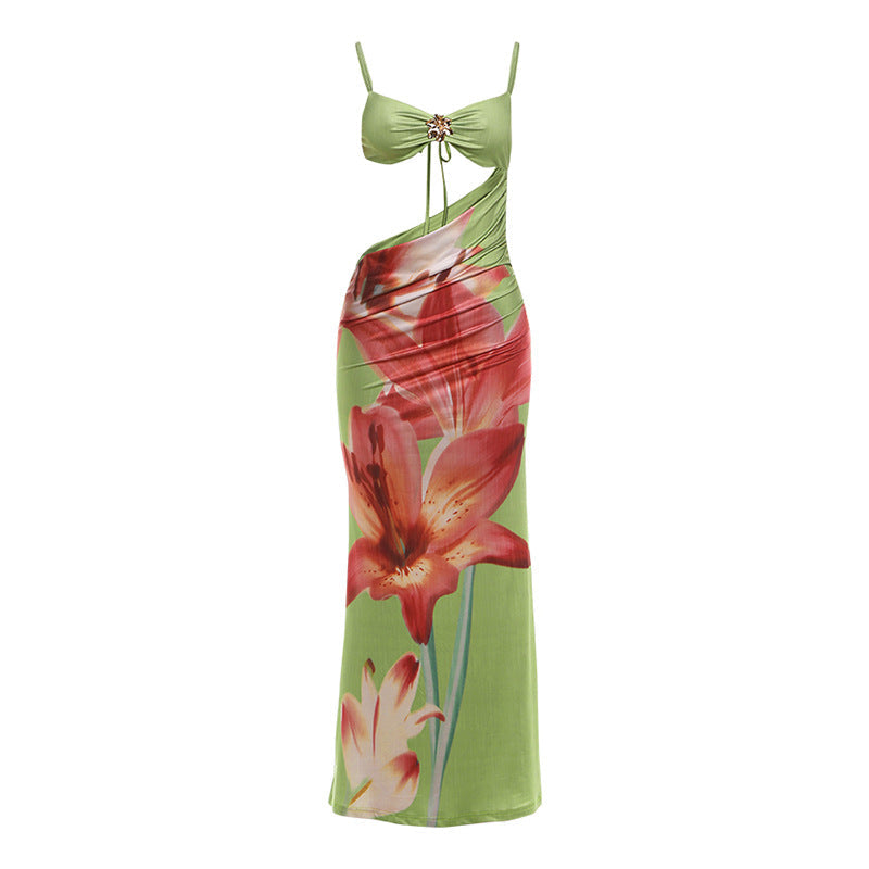 Spring Women Clothing Vacation Sexy Cropped Wrapped Chest Spaghetti Strap Floral Print Dress for Women DestGlow