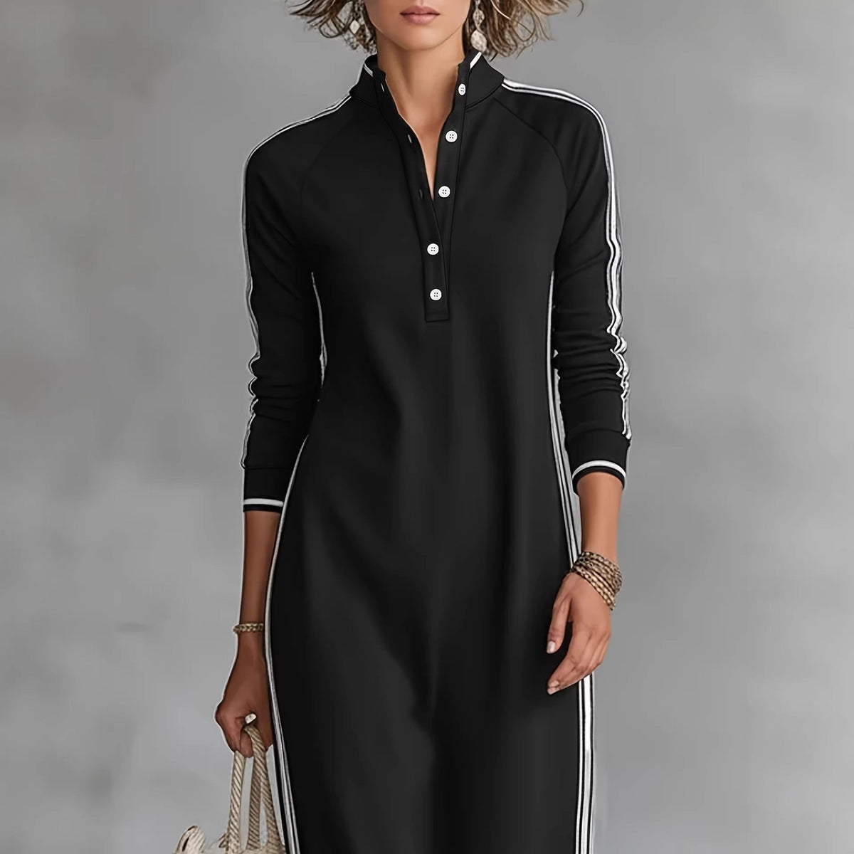 Maxi Dress Women Simple White Piping Collar Decorated with Buttons Sweater Dress DestGlow