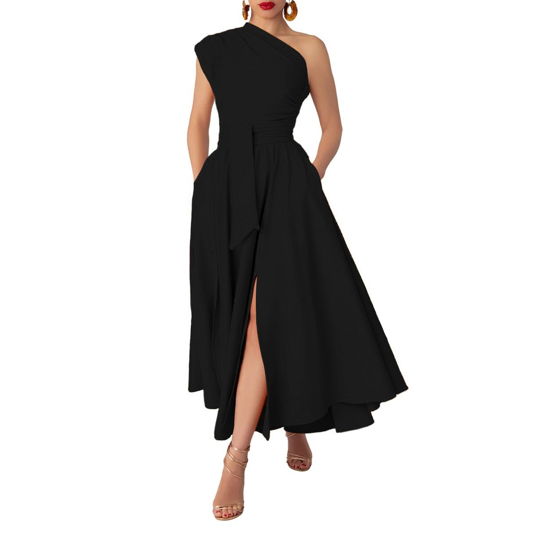 Summer Women Wear Sleeveless Diagonal Collar Solid Color Waist Tight Swing Dress by Ragazza