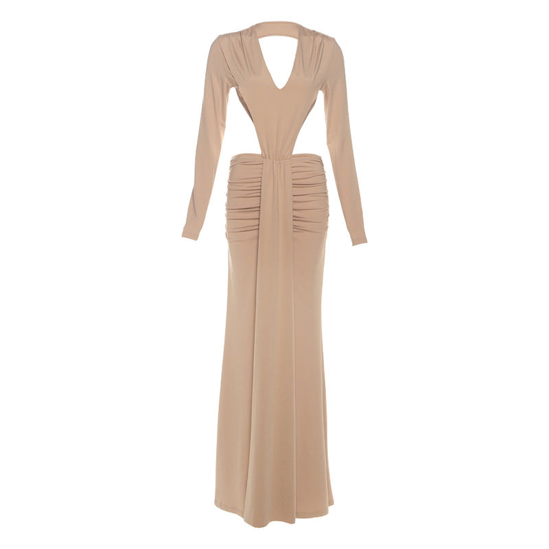 Fall Women Clothing Solid Color V-neck Sexy Backless Long Sleeves Split Pleated Dress by Ragazza