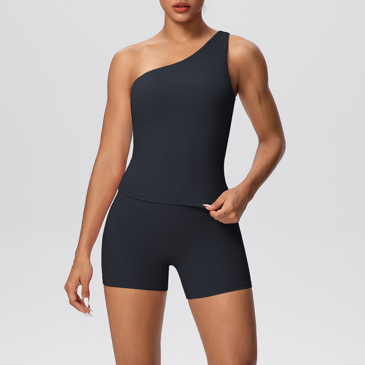 Women Solid Color Oblique Shoulder Strap Beauty Back Exercise Vest Yoga Pants Running Slim Shorts Fitness Yoga Wear Set by Ragazza