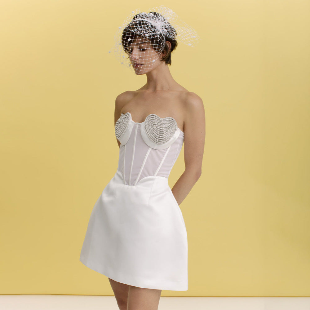 Sexy Peach Heart Drilling a Swing Strapless Dress Autumn Mesh See through Backless Dress by Ragazza
