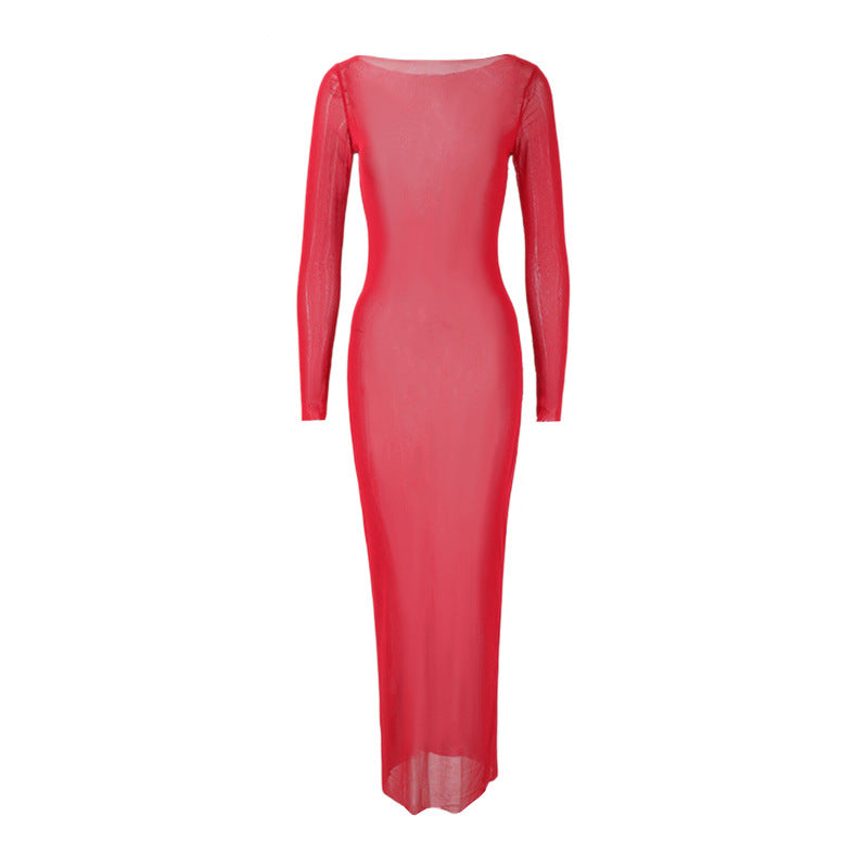 Summer Sexy Slim Mesh See through off Shoulder Long Sleeve Maxi Dress DestGlow
