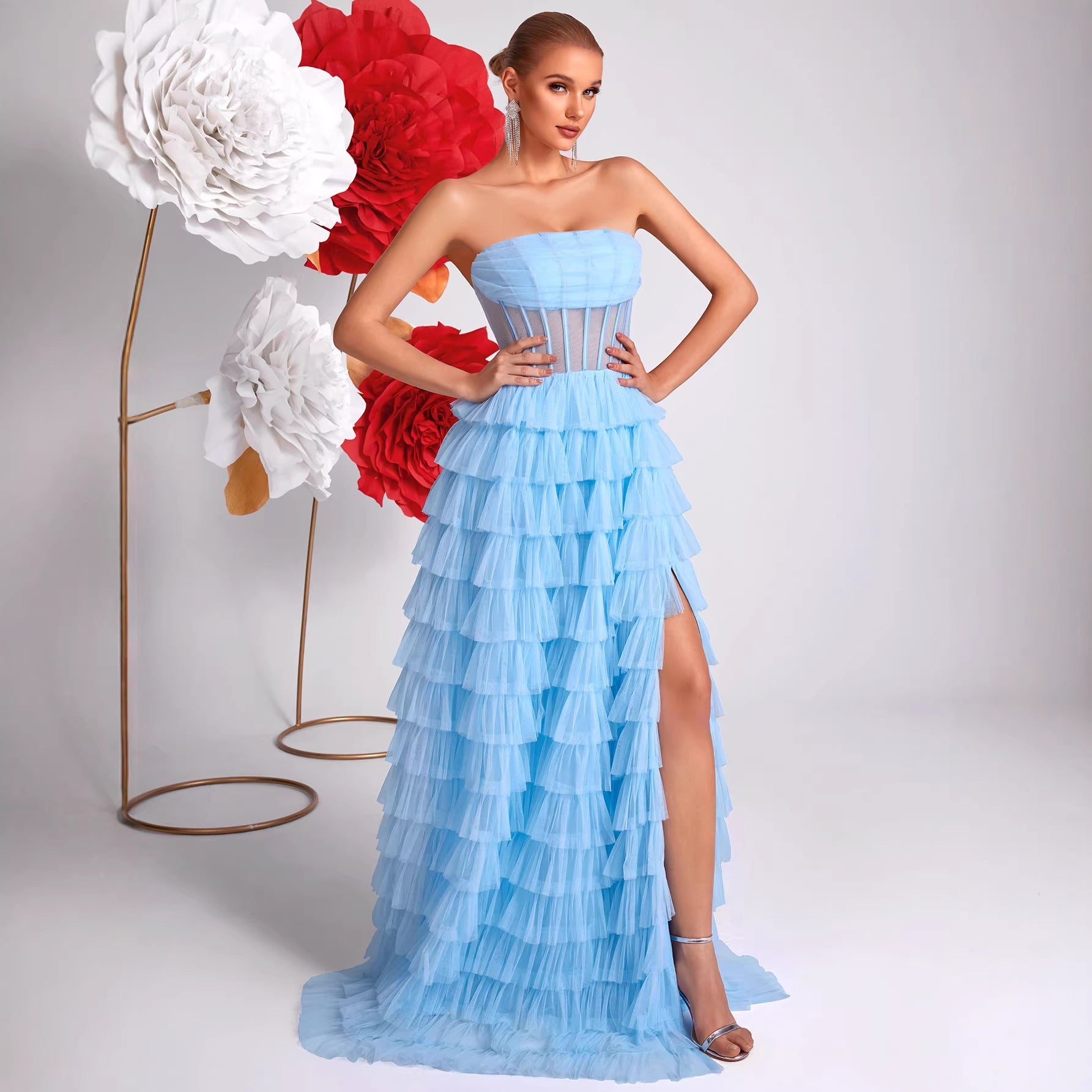 Ice Blue Strapless Evening Dress Three Dimensional Multi Layer Mesh Design See through Waist Split Cocktail Dress by Ragazza