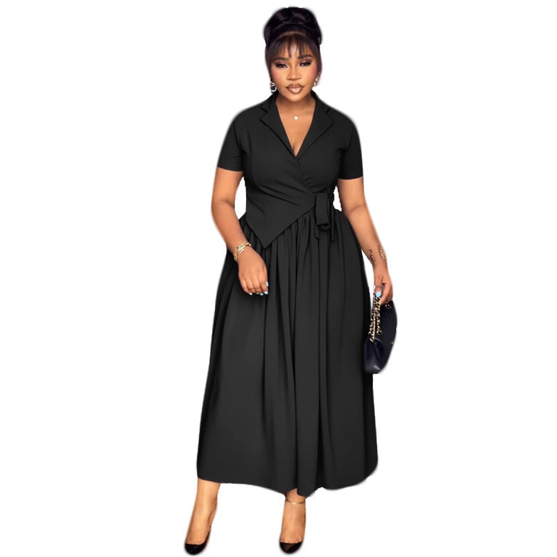 Elegant Office Collared Waist Tight Lace up Loose Dress by Ragazza