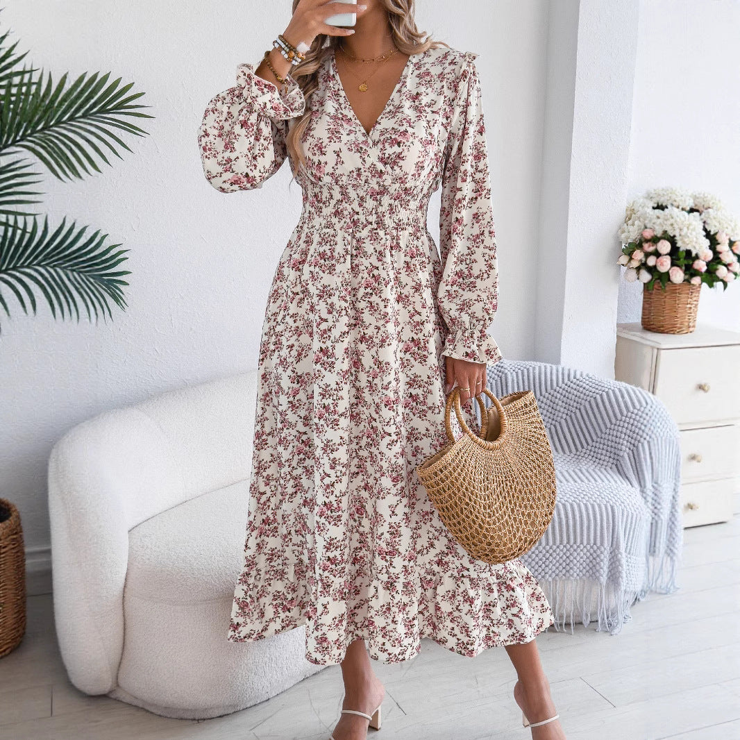 Autumn Winter Elegant Floral Cross V neck Waist Trimming Ruffles Maxi Dress Women Clothing by Ragazza