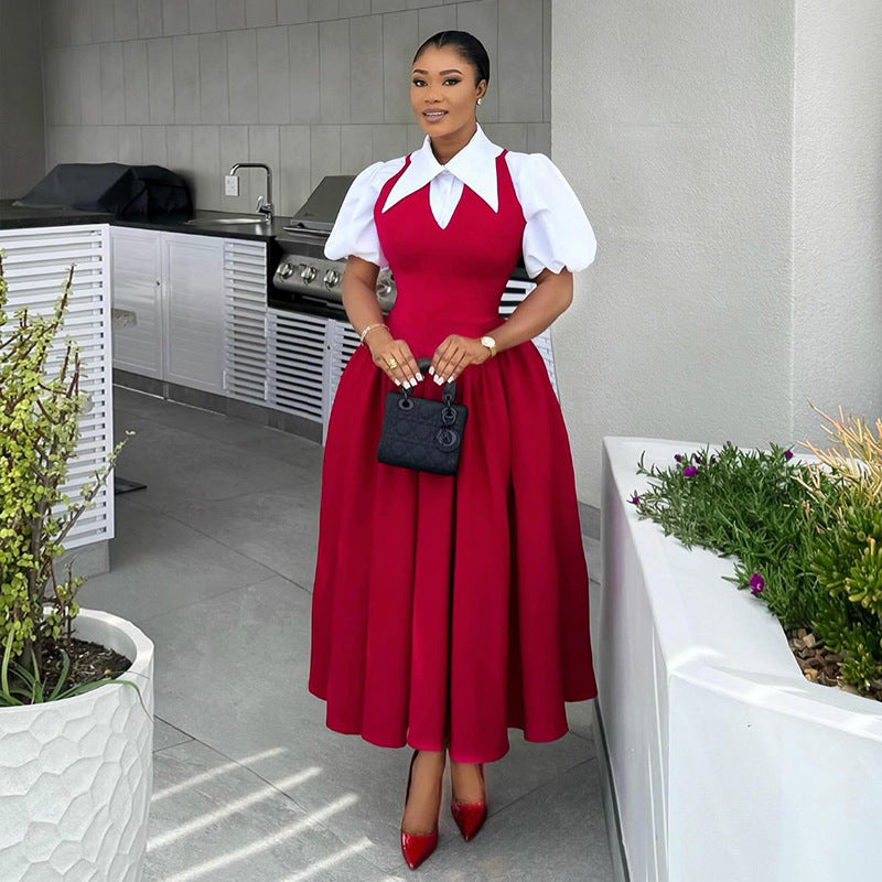 Women Clothing Autumn Elegant Bubble Sleeve Women Shirt Collar High Waist Slimming Dress Faux Two Pieces by Ragazza
