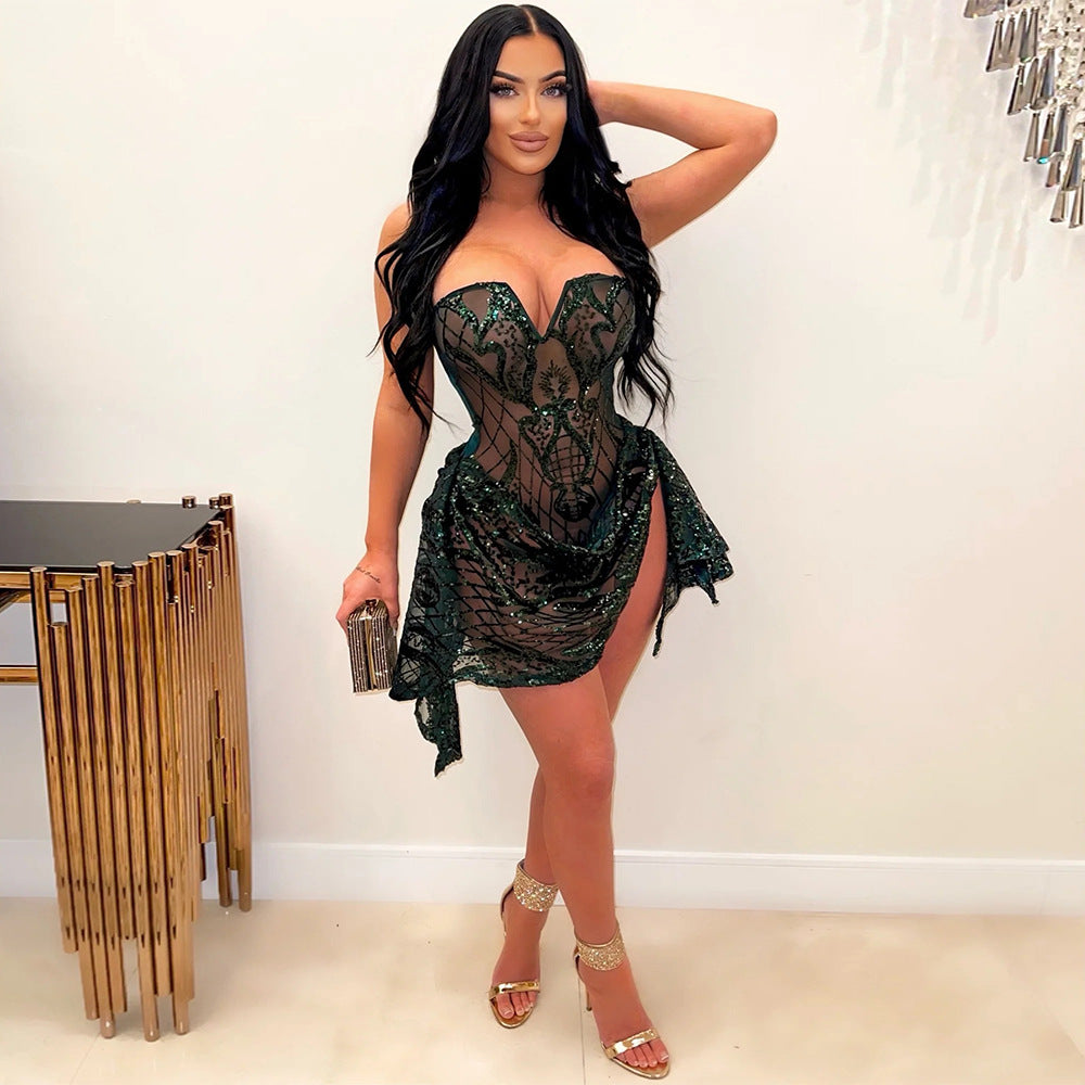 Sexy V Neck Tube Top See Through Sequ Dress Women Fashionable Irregular Asymmetric Dress by Ragazza