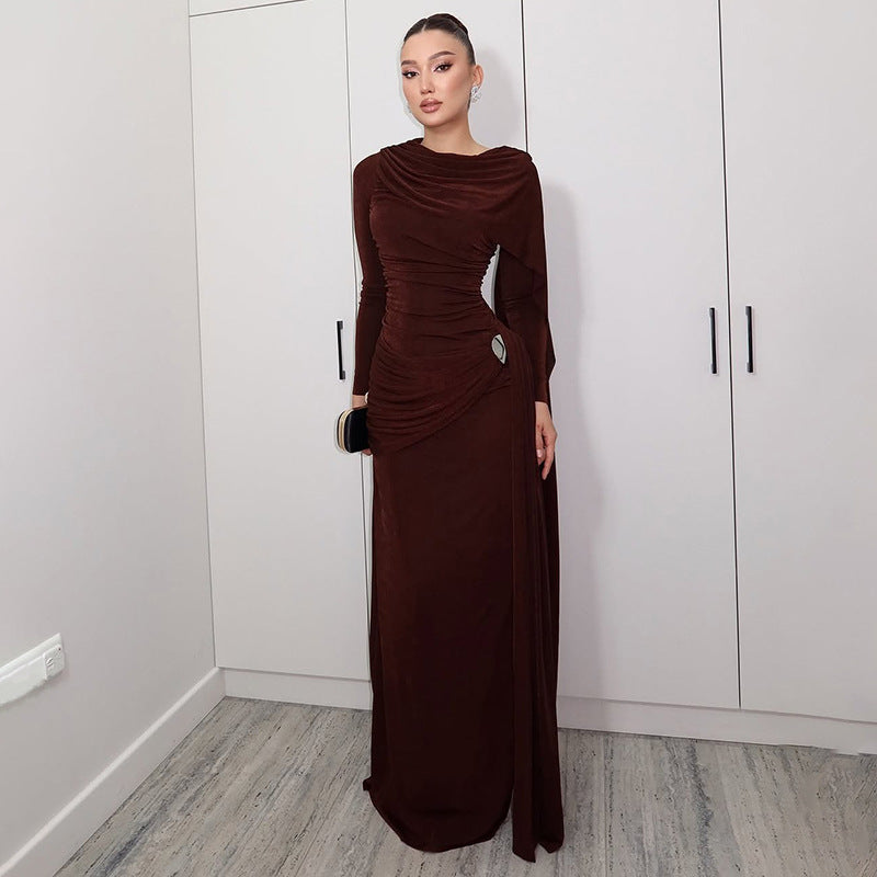 Autumn Winter Slim Fitted Waist Pleated Ribbon Solid Color Maxi Dress by Ragazza